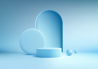 3d blue podium with arched doorway and spheres in a minimal design modern showcase for product display or mockup