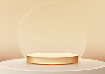 3D golden podium with glowing light and transparent circular on a white platform against a beige background for luxury mockup or product display