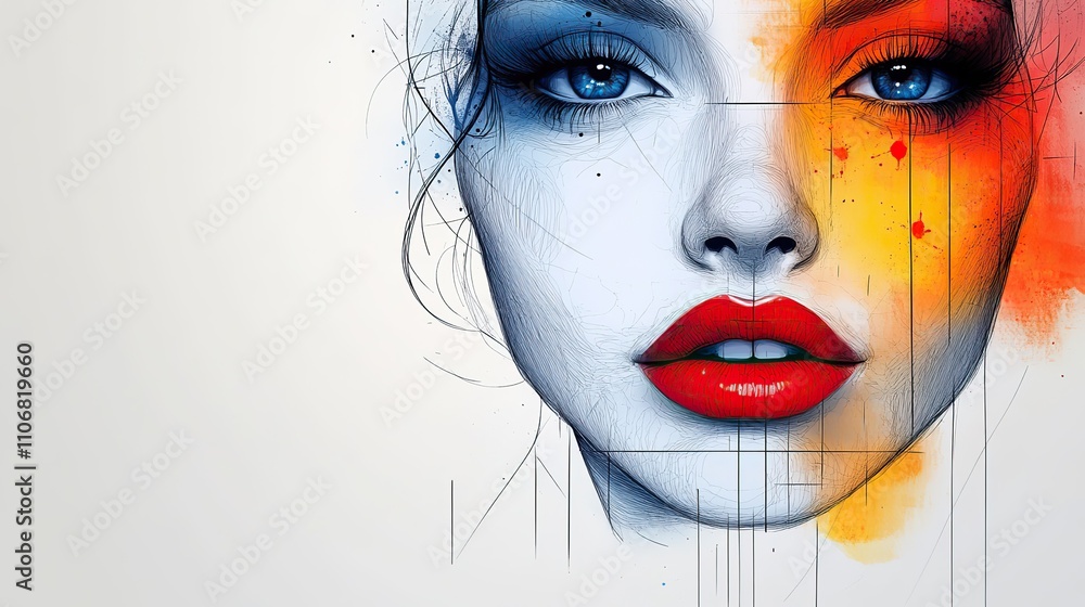 Aufkleber a face is drawn using simple lines and shapes with a colorful palette on a white background, portray