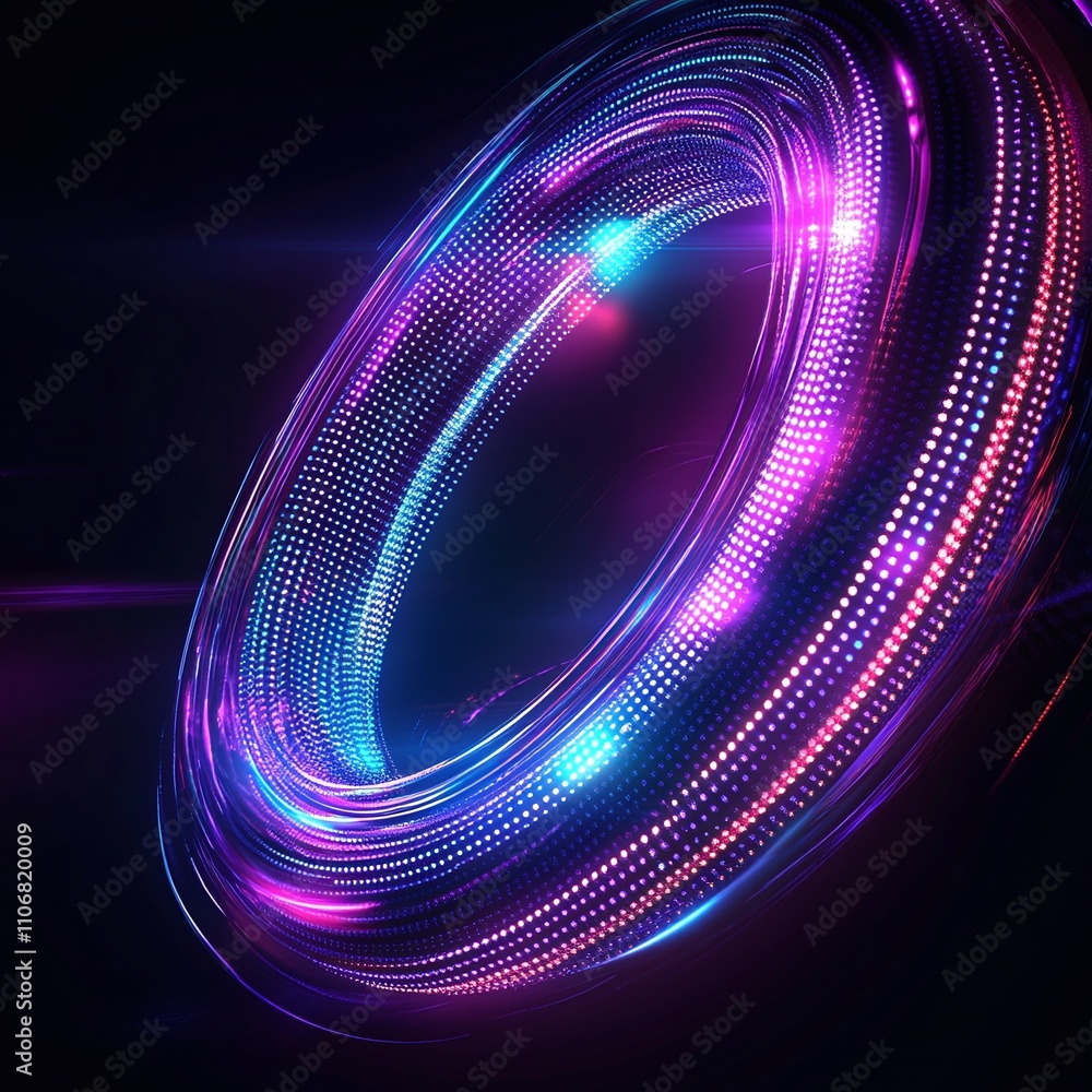 Poster colorful abstract neon light swirl design with dots and vivid motion in a dark background