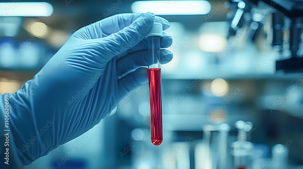 Poster laboratory action hand holding test tube with red liquid science environment close-up view of experi