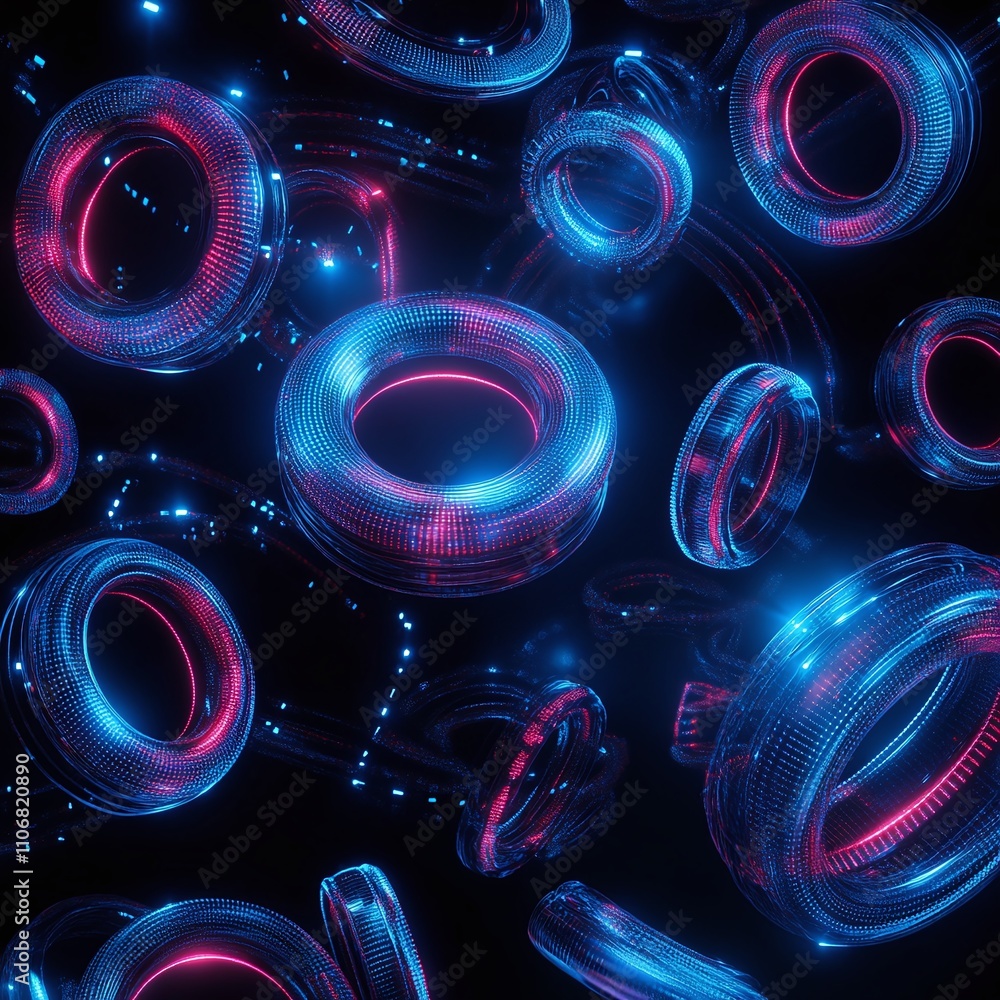 Poster colorful digital abstract with neon circular shapes and light effects in dark background for futuris