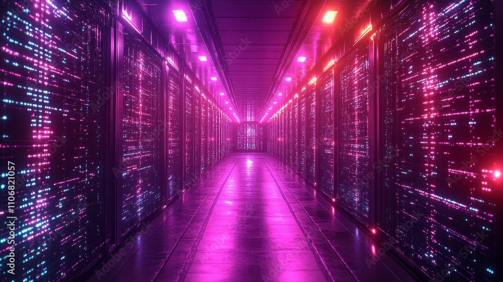 Poster a long corridor inside a server room with rows of servers and colorful lights