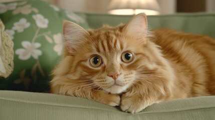 Adorable Ginger Cat Relaxing on Sofa Fluffy Pet Home Interior