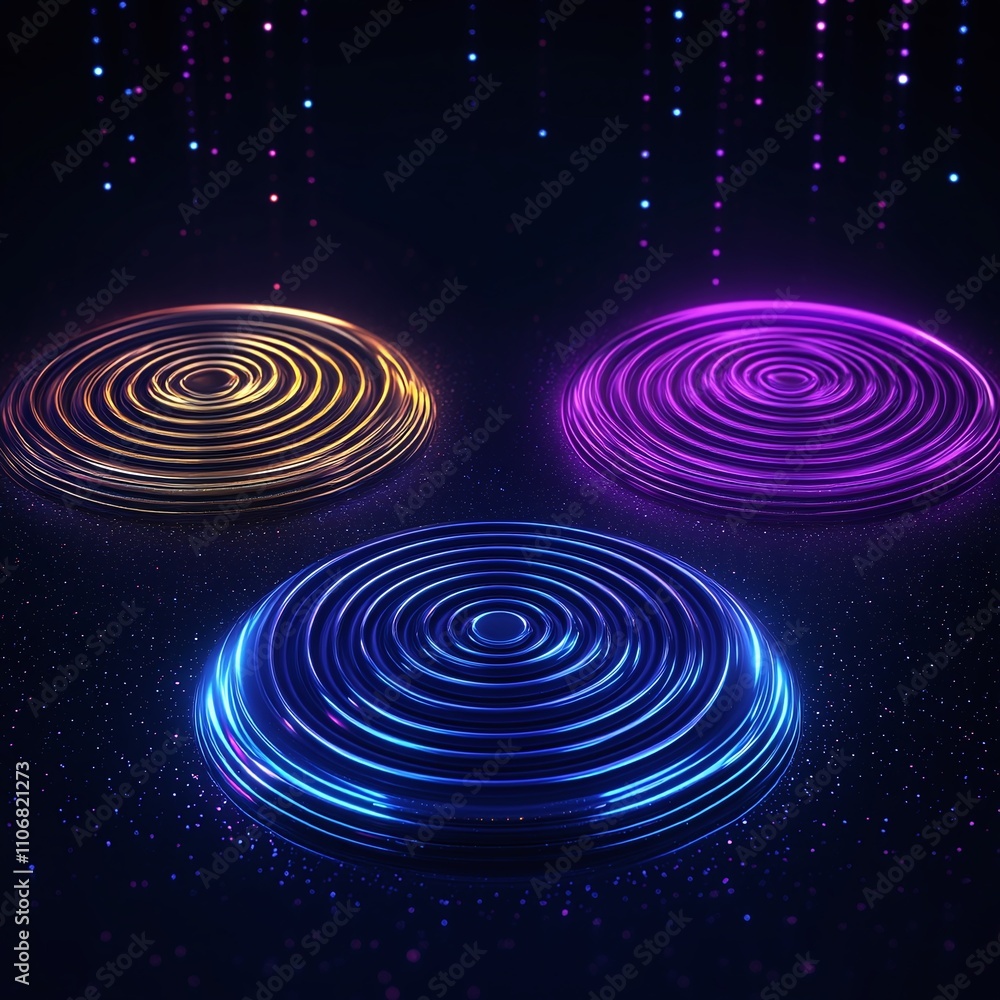 Poster colorful light rings with circular patterns against a dark background for abstract art and digital d