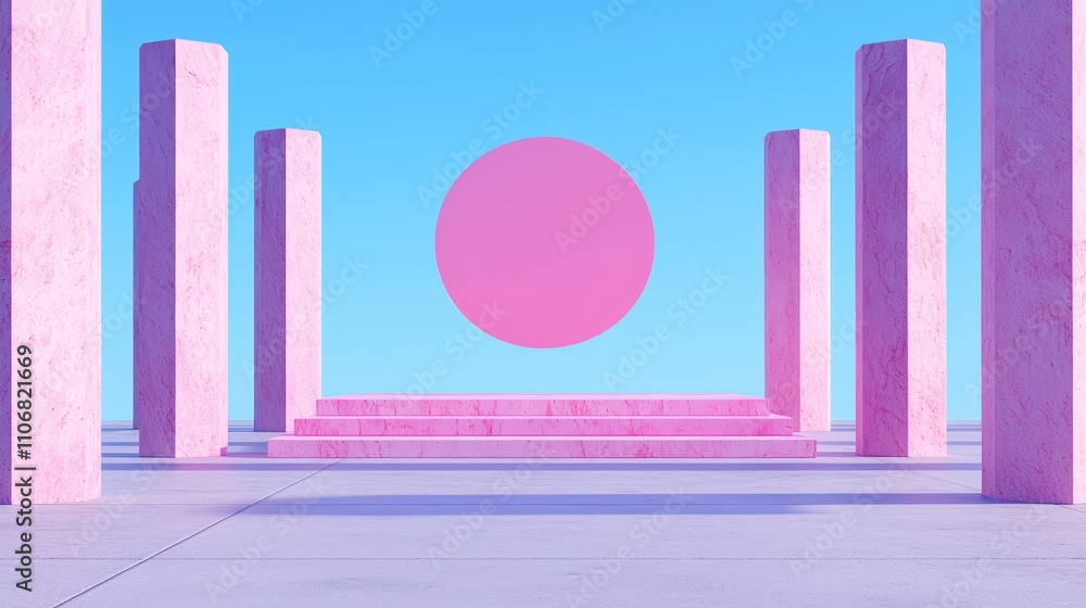 Poster pink geometric minimalist 3d render abstract architecture steps columns circle