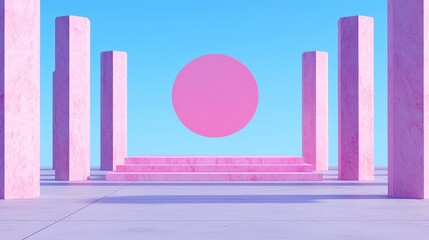 Pink Geometric Minimalist 3D Render Abstract Architecture Steps Columns Circle