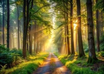 Obraz premium Sunlit Forest Path in Early Morning Mist: A Tranquil Journey Through Nature's Beauty, Capturing the Essence of Serene Landscapes, Lush Greenery, and Enchanting Misty Mornings