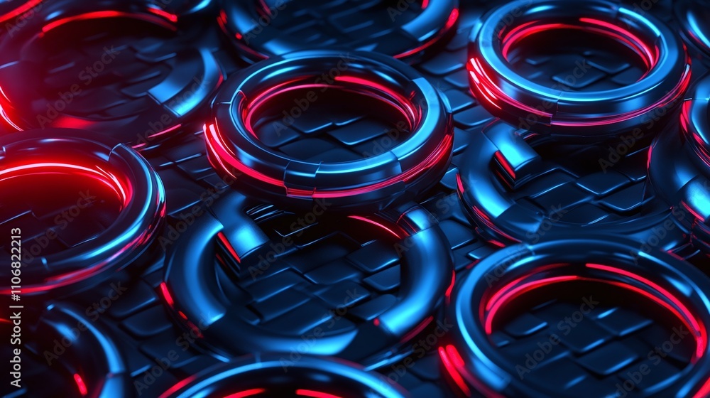 Poster futuristic abstract background with neon rings and glowing elements in a dark setting for modern des