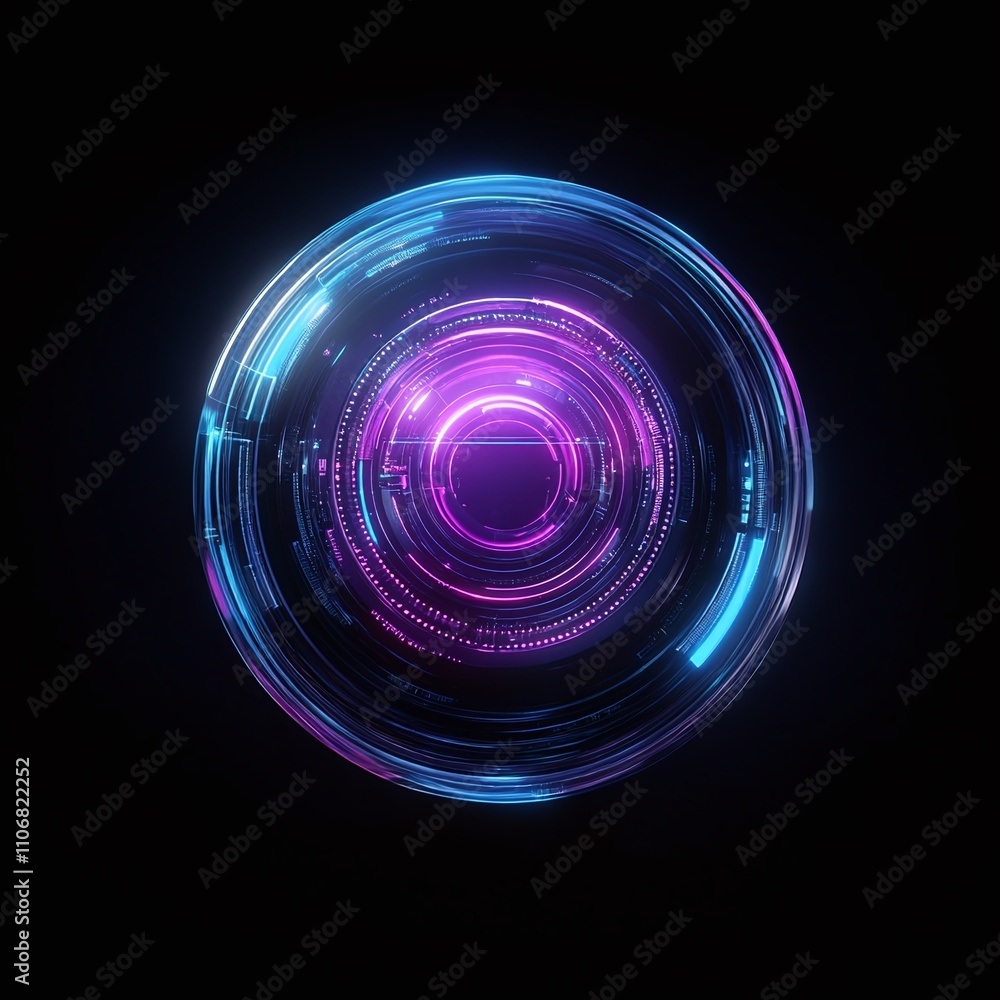 Poster futuristic abstract circular design with neon lights and digital effects on dark background