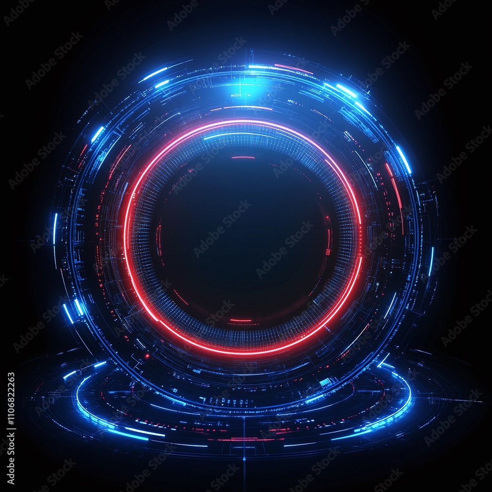 Poster futuristic abstract circular design with neon elements and radiant light effects in dark background