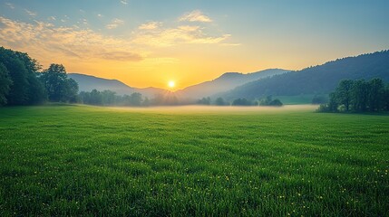 Naklejka premium A foggy green meadow with mountains in the distance and the sunny morning sky overhead, creating a serene scene