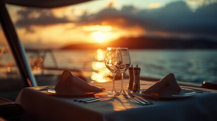 A romantic dining setup on a boat at sunset, with glasses and silverware elegantly arranged.
