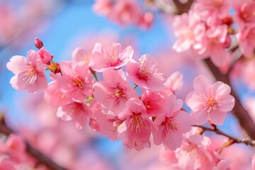 Naklejka premium Beautiful pink cherry blossoms blooming under a clear blue sky in springtime, showcasing nature's vibrant colors and delicate floral details