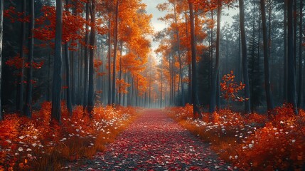 Fototapeta premium A forest filled with red and orange leaves during autumn, creating a vibrant seasonal nature scene