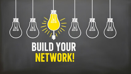 Light Bulb Outlines and 'BUILD YOUR NETWORK!' Motivational Text,  digital network, team building, brainstorming, network development, professional growth, concept of innovation
