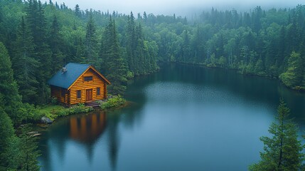 Fototapeta premium A forest lake and a cabin are seen from above in summertime