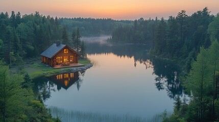 Fototapeta premium A forest lake and a cabin are seen from above in summertime