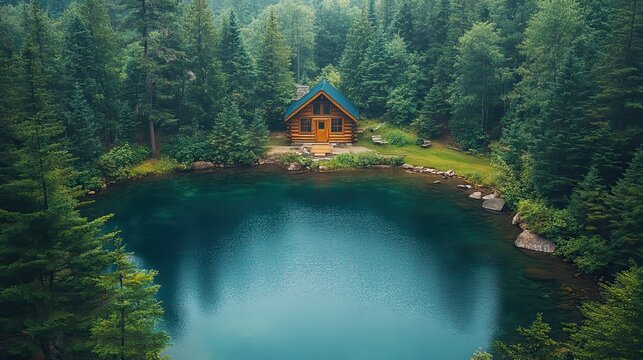 A forest lake and a cabin are seen from above in summertime