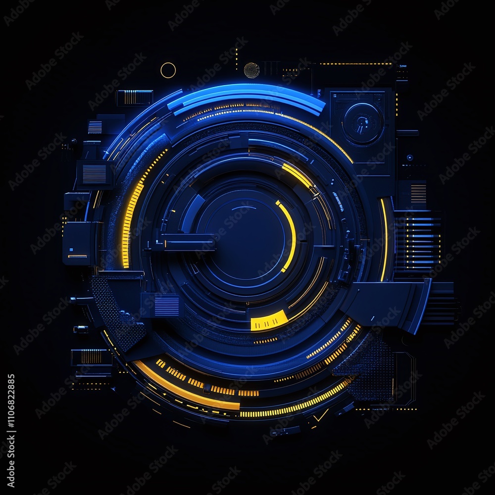 Poster futuristic abstract technology background with circular design in blue and yellow color palette