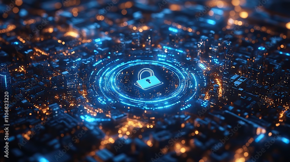 Poster a futuristic lock symbol with a blue digital security circle on a white background in a tech-inspire