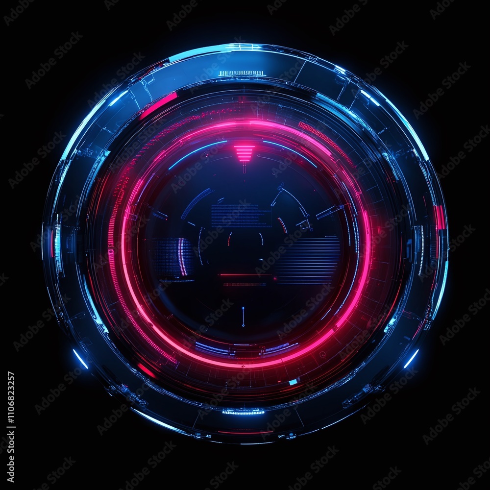 Poster futuristic circular interface design with neon lights and digital patterns for technology background