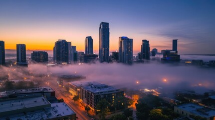 A serene city skyline shrouded in fog at sunrise, showcasing urban architecture and tranquility.