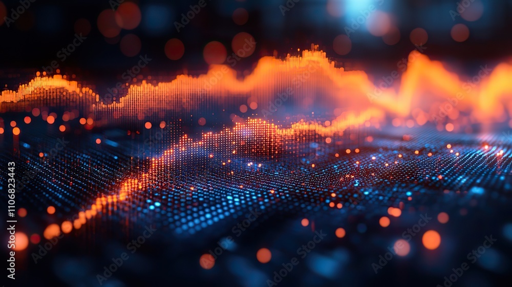 Poster a futuristic stock market graph with dynamic lines and numbers on a dark blue background represents 