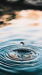 A focused water drop creates ripples on a calm surface reflecting light and revealing surface tension