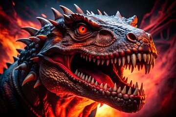 Naklejka premium Close-Up of a Fearsome Dinosaur or Dragon Creature's Mouth with Sharp Canine Teeth Illuminated by Sinister Red Light Portraying Horror and Demonic Imagery