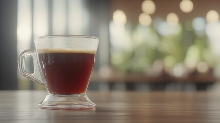 Aromatic Espresso Coffee in Glass Cup Cafe Background