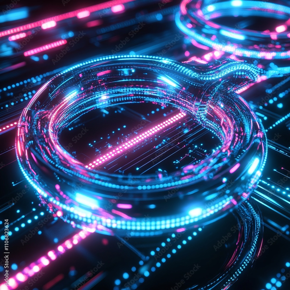 Poster futuristic digital abstract with neon light rings and glowing circuit patterns in high-tech environm