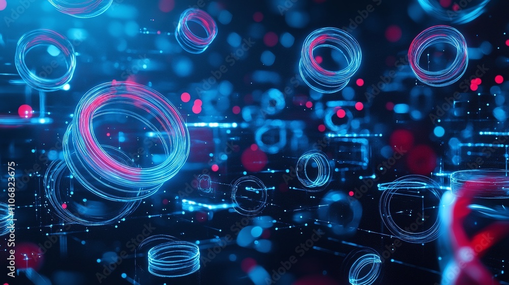 Poster futuristic digital background featuring blue and red circular shapes with glowing effects and data l