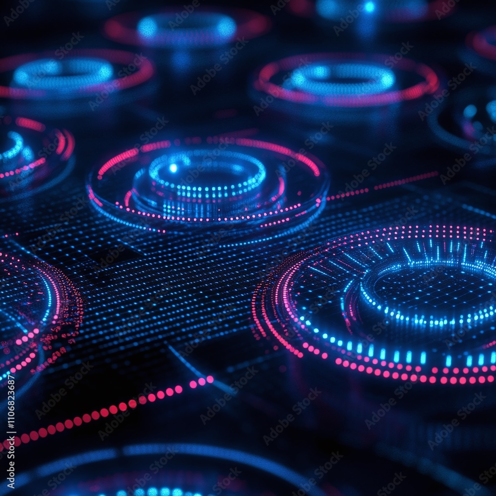 Poster futuristic digital background with colorful circles and neon light effects in abstract technology de