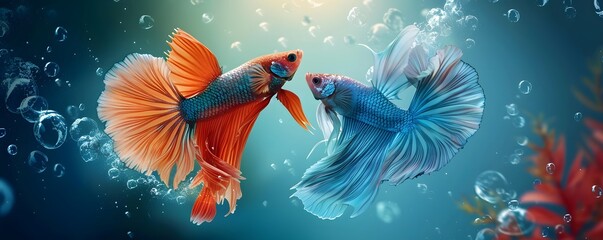 Fototapeta premium Two Siamese Fighting Fish Gracefully Swim Together