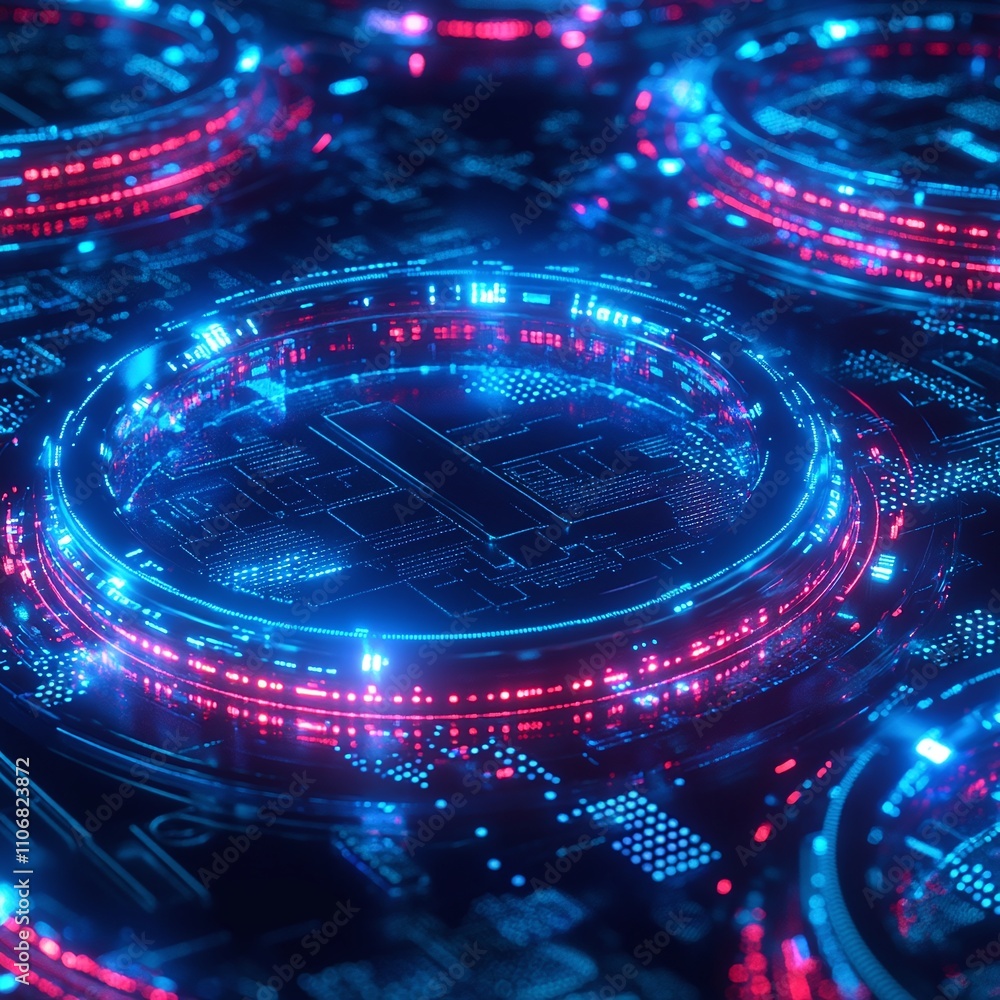 Poster futuristic digital circuit background with neon lights and glowing patterns for technology concepts