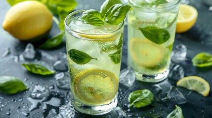 Fototapeta premium Lemon basil soda in tall glass with ice cubes