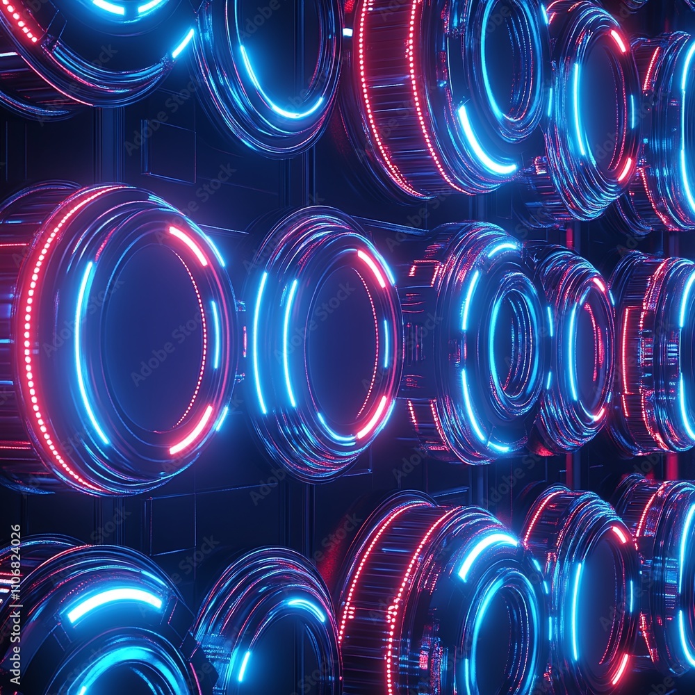 Poster futuristic digital interface with neon circular elements in a high-tech cyber environment