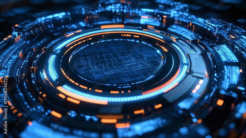 Poster futuristic digital interface with glowing circuits and abstract patterns in blue and orange light
