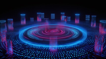 Fototapeta premium Futuristic Digital Landscape with Glowing Cylinders and Pulsating Light Effects in Neon Blue and Pink Colors