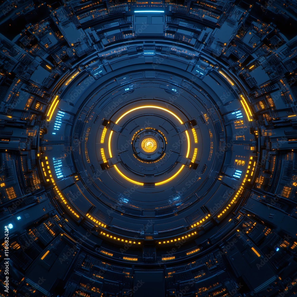 Aufkleber futuristic digital technology background with bright circuits, neon lights and circular patterns in 