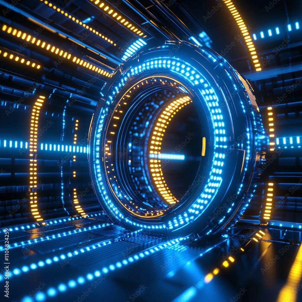 Poster futuristic digital tunnel with luminous blue lights and circular patterns in a sci-fi inspired envir