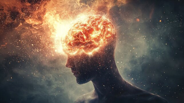 Mind blowing concept with a person&acirc;&euro;&trade;s head exploding into bright lights or creative visuals