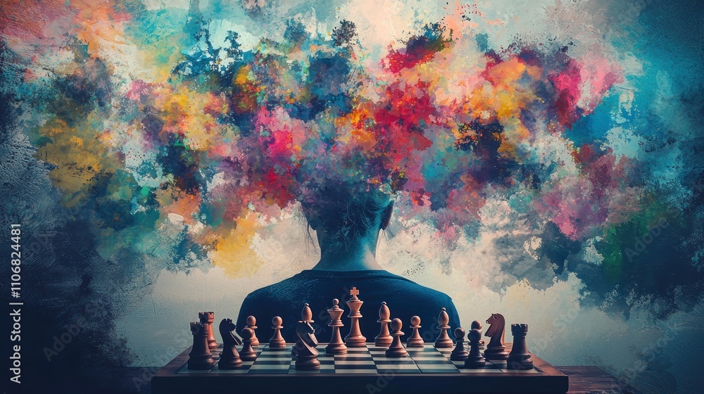 Poster mind games with a person playing chess or solving puzzles, symbolizing mental challenge