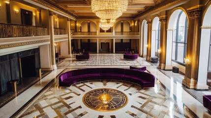 Obraz premium A stunning Art Deco-inspired ballroom with intricate gold detailing, geometric patterns on the ceiling, dramatic chandeliers, polished marble floors, and luxurious velvet seating in deep jewel tones