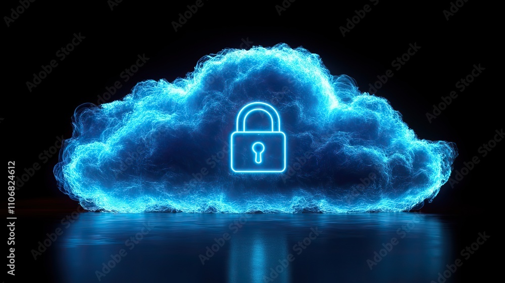 Poster a glowing blue cloud with a padlock icon hovering above, symbolizing digital data security on a dark