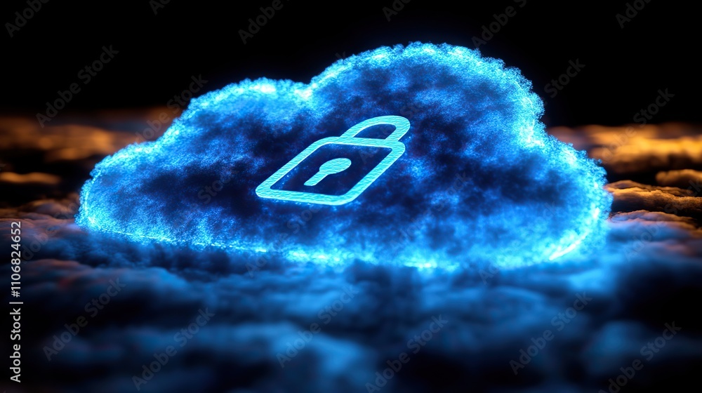 Poster a glowing blue cloud with a padlock icon hovering above, symbolizing digital data security on a dark