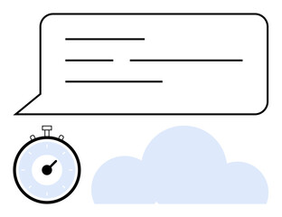 Stopwatch and speech bubble against a cloud backdrop. Ideal for time management, communication, efficiency, productivity, deadlines, task management, organization. Line metaphor