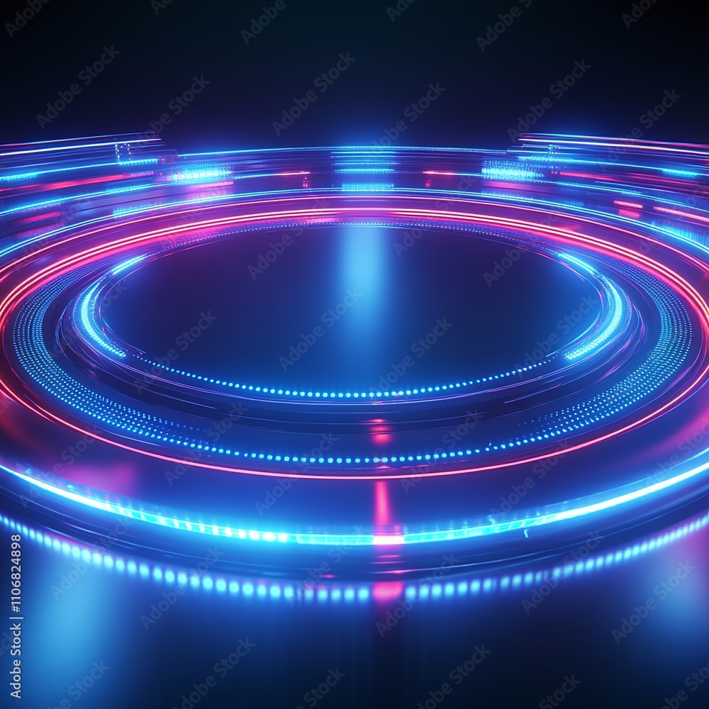 Poster futuristic neon circular background with blue and pink light patterns for modern design projects