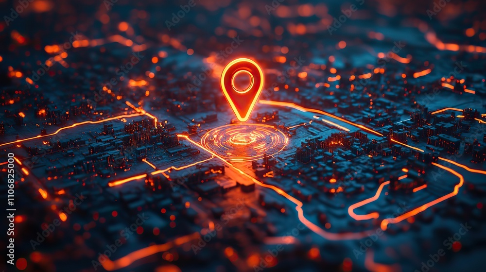 Poster a glowing pin on an interactive map with route wires branching out, illustrating futuristic navigati